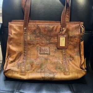 Alviero Martini Tan Map Print Laptop Bag
